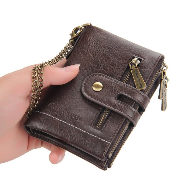 RFID Blocking Men’s Leather Bifold ID Cards Holder Chain Wallet w/ Zip Pockets - Picture 4 of 4